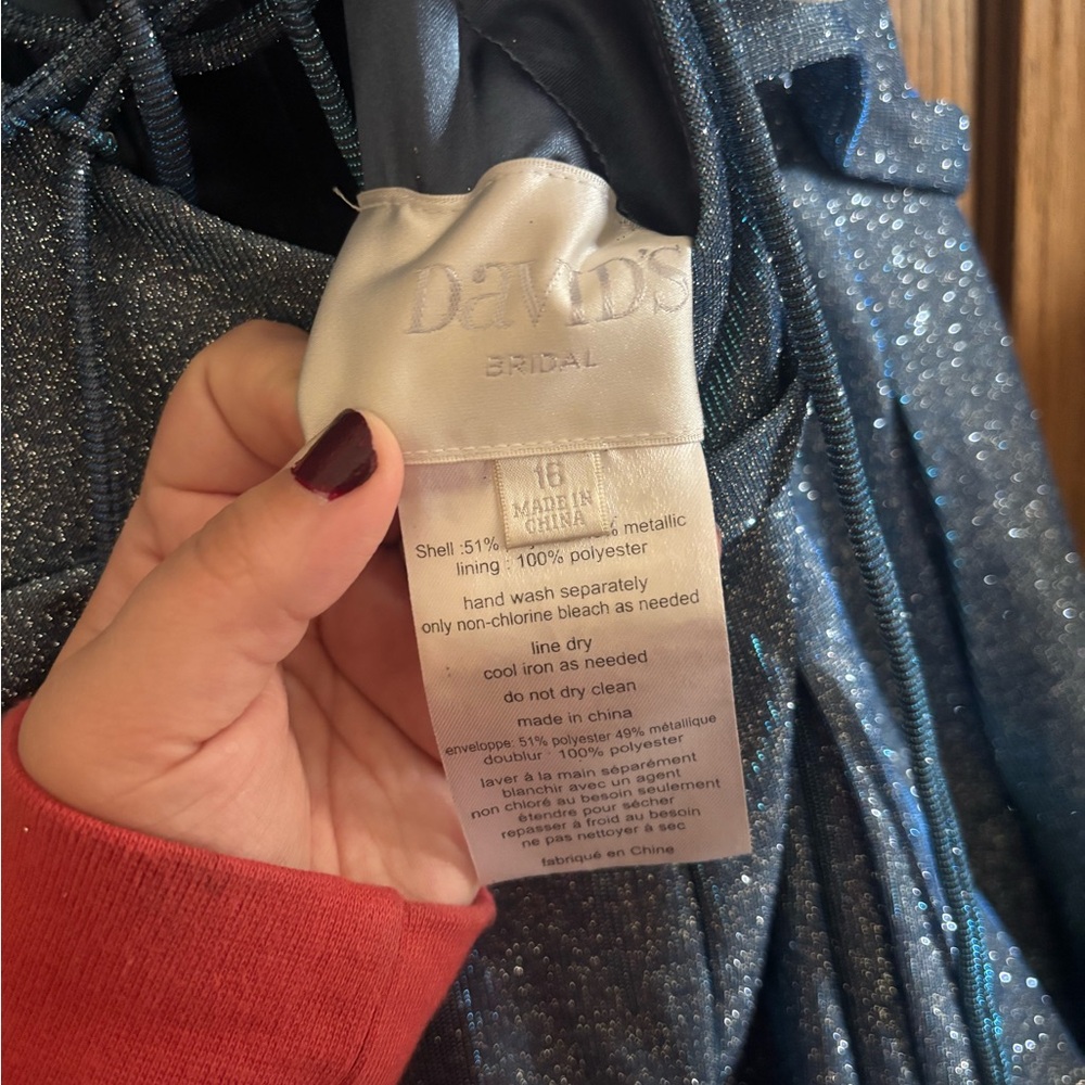 David's Bridal Shimmery Teal-Blue V-Neck Prom Gown - Picture 3 of 4